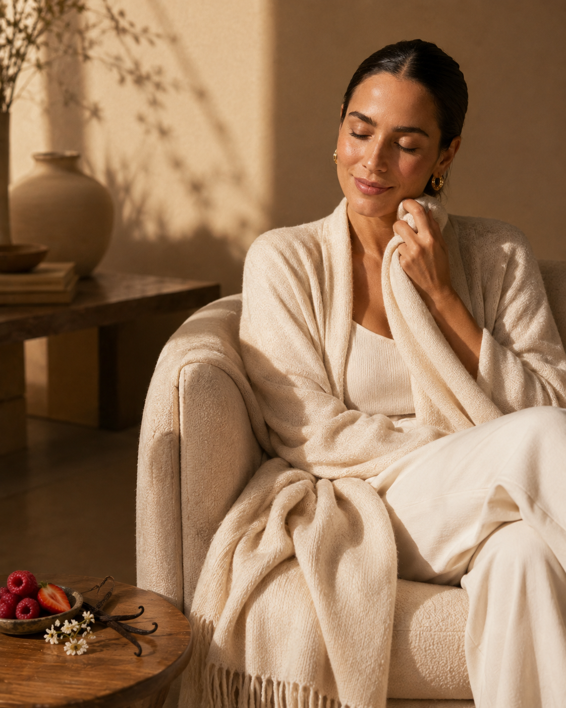 Manta de cashmere beige con notas frutales y vainilla