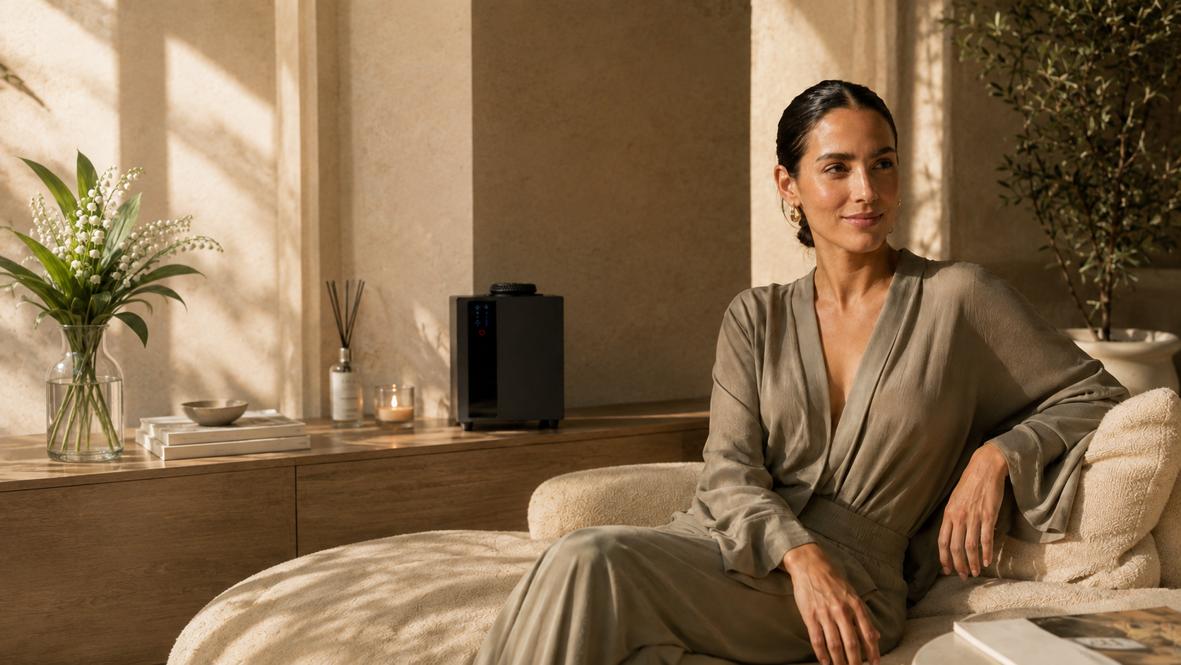 Mujer sentada en una sala luminosa junto a un difusor de aroma y flores blancas